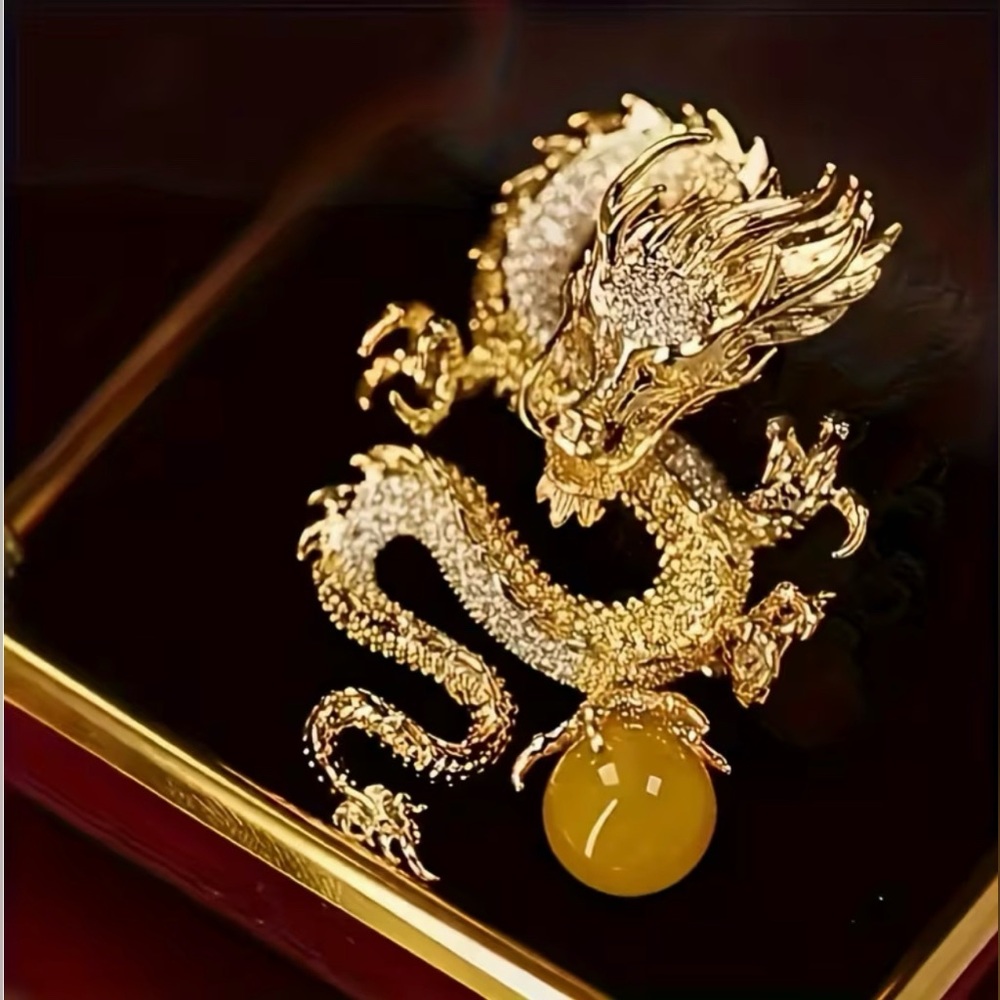 Dragon Fantasy Brooch with Faux Pearl Modern New Gold Tone